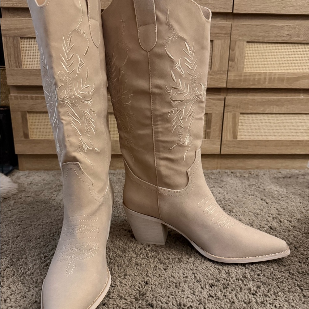 Mi.iM Taupe Embroidered Western Knee-High Boots